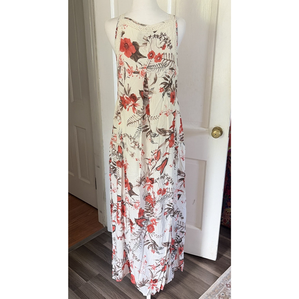 Womens Floral White/Orange Babydoll Maxi Dress S Crochet Cottagecore Hippie Boho - Picture 3 of 13
